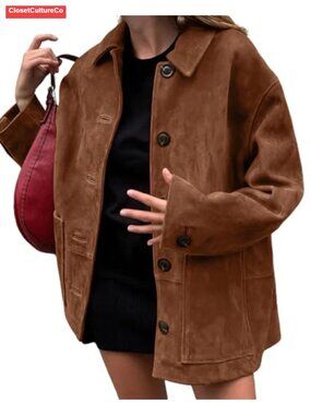 Faux Suede Leather Midi Long Button Down Shacket Coat